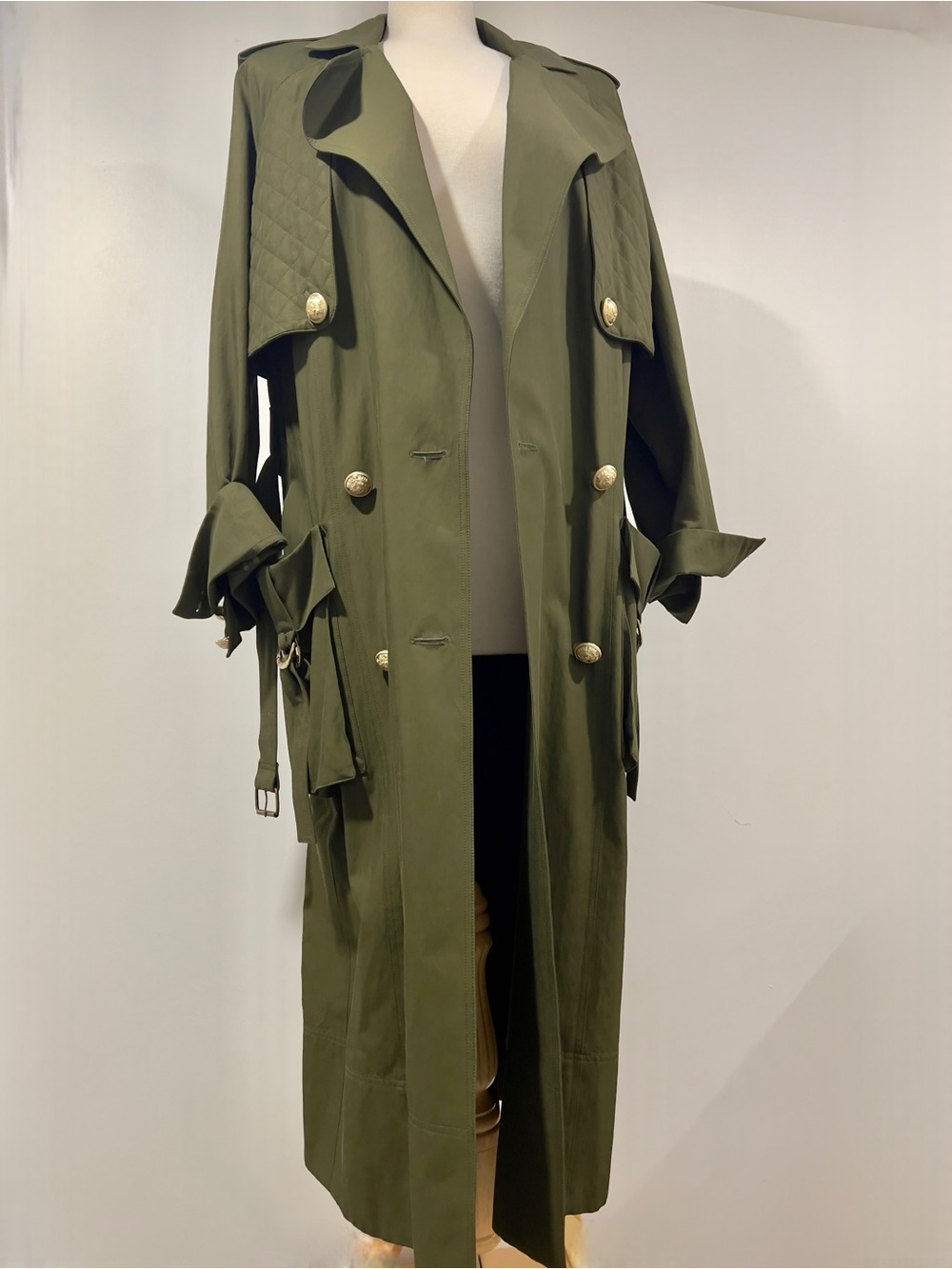 Balmain Olive Green Trench Coat with Gold Buttons - Picture 1 of 16